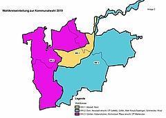 Kartenausschnitt mit 3 farblich gekennzeichneten Wahlkreisen