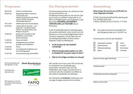 "pro alter" - Dialogwerkstatt zur Situation und zu Perspektiven für das Älterwerden in den Stadtteilen der Stadt Brandenburg an der Havel