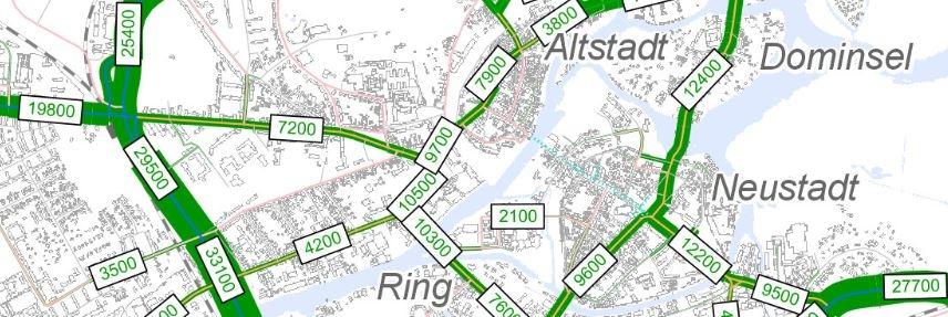 Ausschnitt einer Karte, auf der Zahlen zu Verkehrsströmen eingetragen sind 