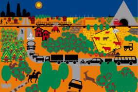 Plakat mit Autos, Pferd, Tiere Eisenbahn und vieles mehr, alles was Verkehr ausmacht