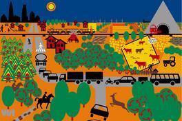 Plakat mit Autos, Pferd, Tiere Eisenbahn und vieles mehr, alles was Verkehr ausmacht