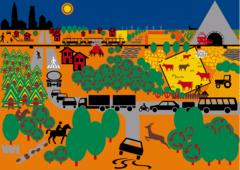 Plakat mit Autos, Pferd, Tiere Eisenbahn und vieles mehr, alles was Verkehr ausmacht