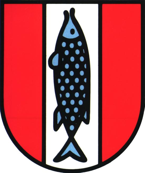 Rot weißes Wappen mit einem Fisch