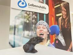 Hand-Plastik mit Poster im Hintergrund.