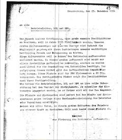 Historische Unterlage aus dem Stadtarchiv: Komite zur Förderung des nationalen Aufbauwerks schreibt an die Betriebsleiter, um dort Klebeplakate für de