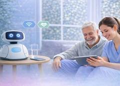 Pflegerin mit Roboter und älteren Mann.