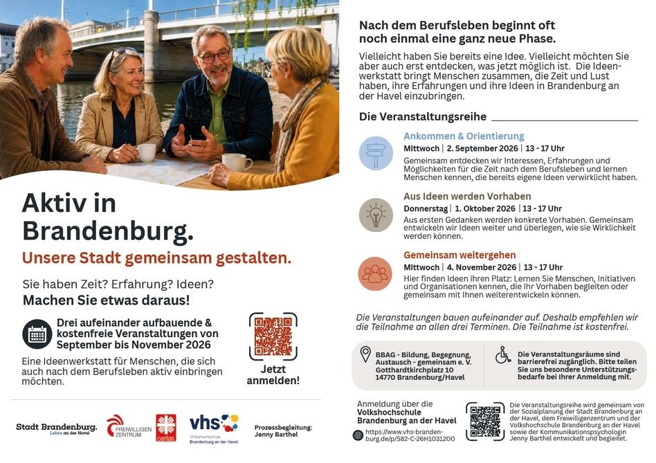 Es handelt sich um einen Flyer, der die Veranstaltung bewirbt. Zusehen sind jüngere Senioren, die sich am Heine-Ufer angeregt unterhalten