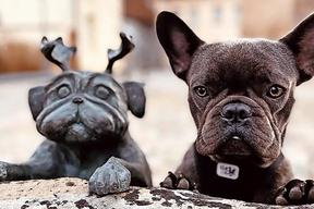 Ein Mopshund und eine Figur von einem Mops stehen nebeneinander.