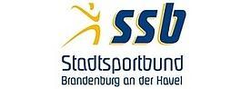 Textlogo mit gelben Strichmännchen, großen dunkelblauen Buchstaben "ssb", darunter etwas kleiner "Stadtsportbund", darunter wiederum noch etwas kleiner "Brandenburg an der Havel e.V."
