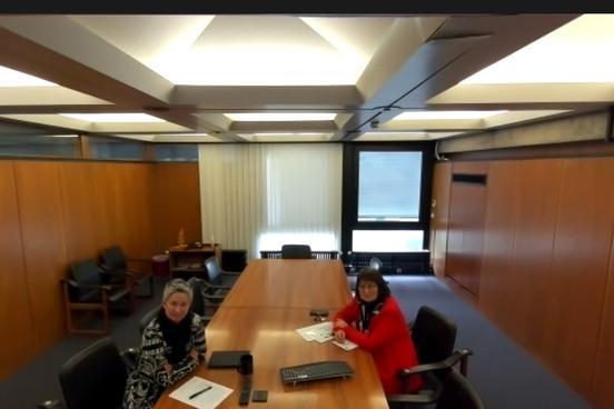 Bild von einer Videokonferenz, großer Raum, vorne sitzen 2 Frauen an einem langem Tisch