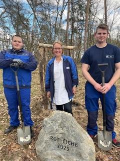 Auszubildende der Firma Metallbau Windeck, Davin Hartung und Hannes Krüger und die Personalchefin, Sandra Damaschke, pflanzten eine Rot-Eiche.