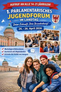Poster für Jugendforum mit Jugendlichen und Landtagsgebäude