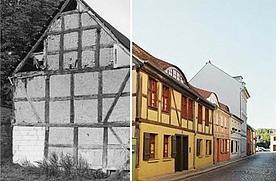 Foto-Kollage eines alten Bildes von einem zerfallenen Haus und eines neuen Bildes vom renovierten Haus