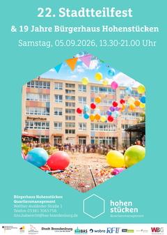 Grüner Flyer vom Stadtteilfest mit Ansicht vom Bürgerhaus.