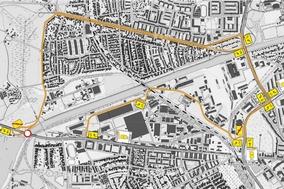 Stadtplan mit Darstellung der Umleitung für Autofahrer