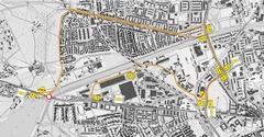 Stadtplan mit Darstellung der Umleitung für Autofahrer