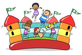 Karikatur von Kindern die auf einer Hüpfburg springen.
