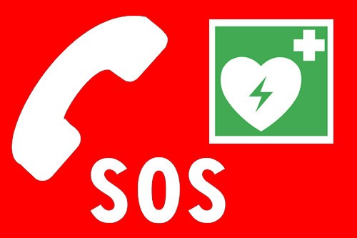 Telefonhörer, Schriftzug SOS und Symbol für AED-Gerät auf rotem Hintergrund