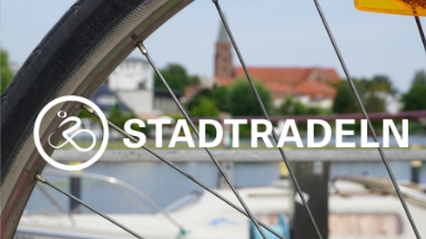 im Vordergrund ein Rad mit Speichen, im Hintergrund der Dom zu Brandenburg, davor das Logo: STADTRADELN