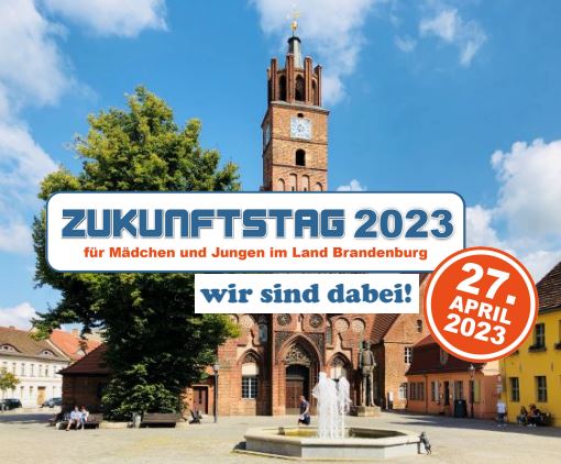 Rathaus im Hintergrund, davor der Text: Zukunftstag 2023 ... Wir sind dabei!